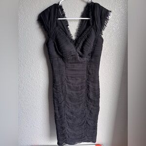 Tadashi 100% silk black pleated Texture Mini Dress fraying chic formalwear sz 4